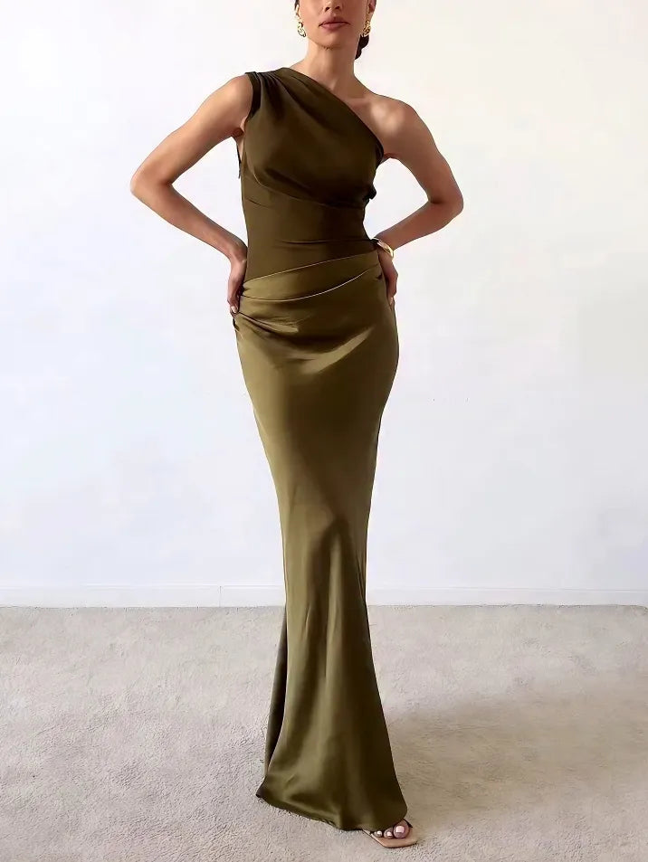 Bess | Elegant One Shoulder Neck Pleated Party Maxi Dress