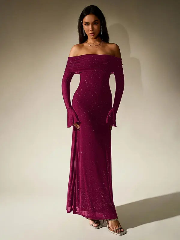 ANDREA™ - Women's Off-The-Shoulder Ruched Contrast Sequin Bodycon Dress