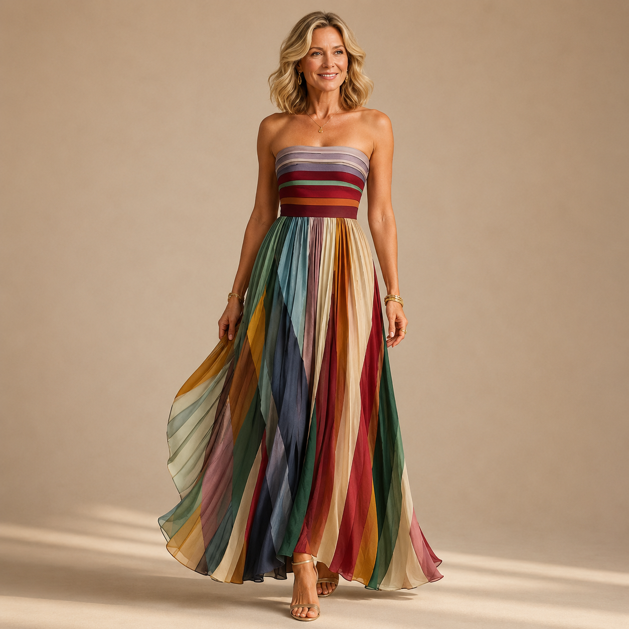Clarice | Strapless Colourful Pleated Summer Maxi Dress