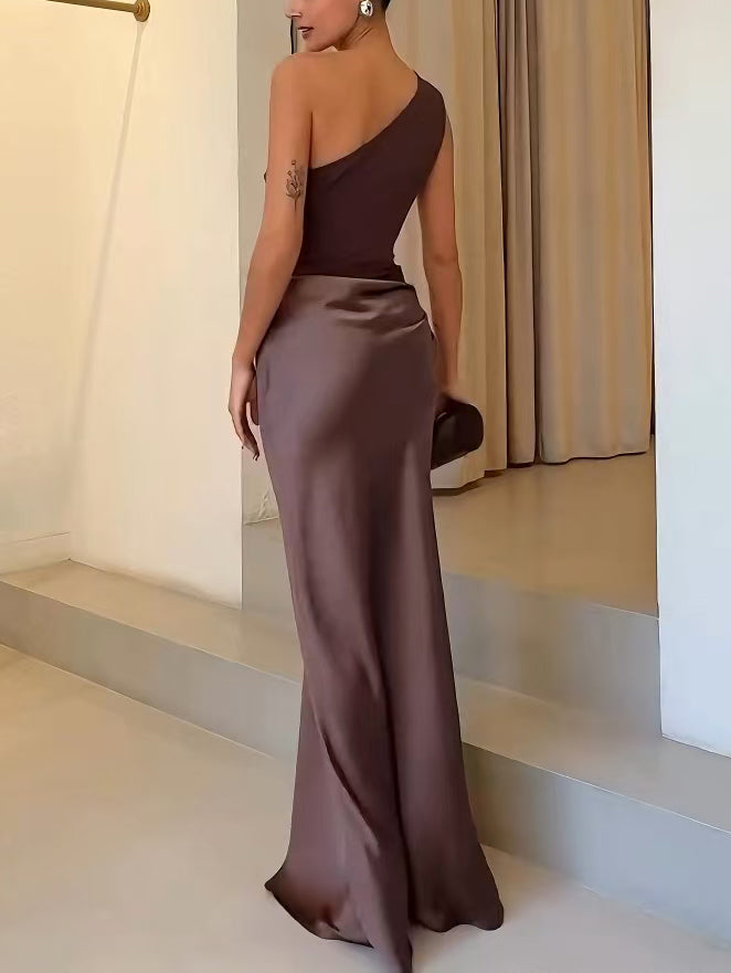 Bess | Elegant One Shoulder Neck Pleated Party Maxi Dress
