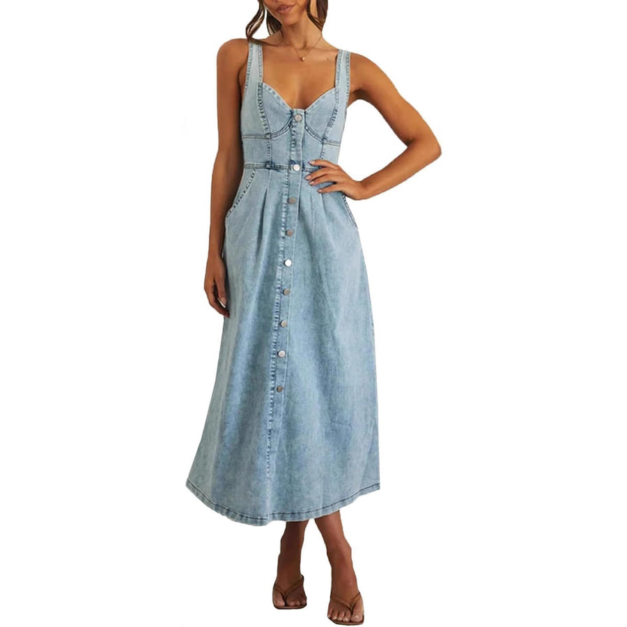 JAYLIN™ –  Classic Sleeveless Button-Front Denim Dress
